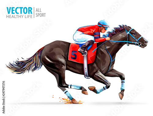 Jockey on racing horse. Derby. Sport. Vector illustration isolated on white background.