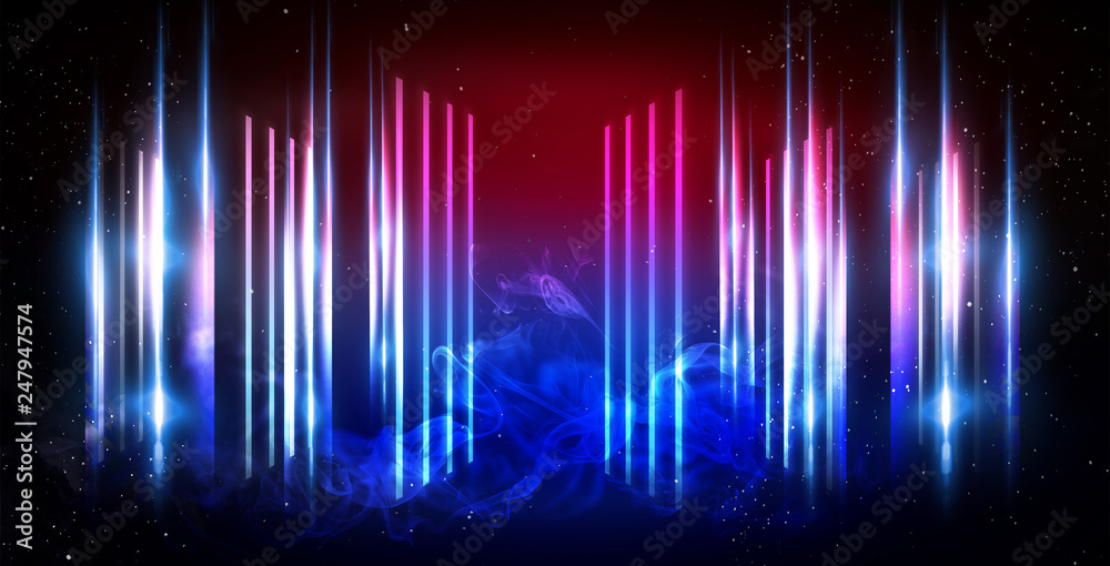 Background of an empty room at night with smoke and neon light. Dark abstract background. Background of an empty show scene. 3D rendering