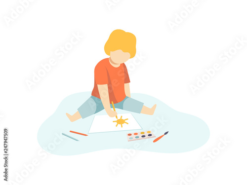 Cute Boy Sitting on Floor and Drawing with Paints and Pencils on Sheet of Paper, Kids Creativity, Education, Development Vector Illustration