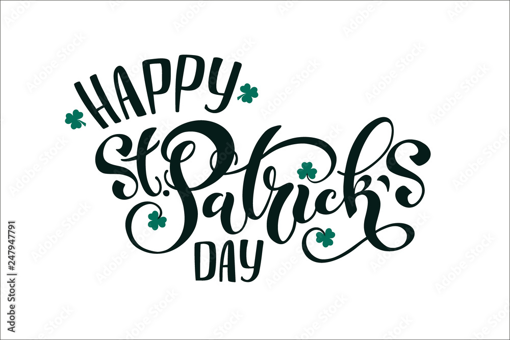 Naklejka premium Happy Saint Patrick's day handwritten lettering typography. Hand drawn design elements. Logos and emblems for invitation, card. Vector illustration.