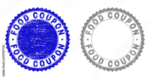 Grunge FOOD COUPON stamp seals isolated on a white background. Rosette seals with grunge texture in blue and grey colors. Vector rubber stamp imprint of FOOD COUPON caption inside round rosette.