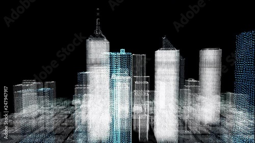 Energy power of future big city concept, skyscraper building of business area architecture simulation technology digital fly over tilt zoom view 4K motion graphic footage.