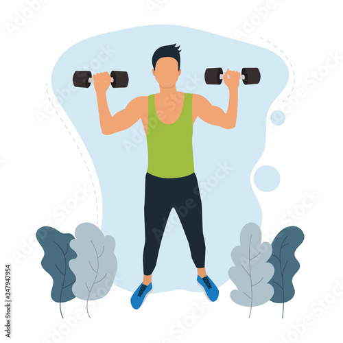 Male standing training with dumbbells. Hand Strength Exercises. Fitness Training. Modern flat vector illustration.