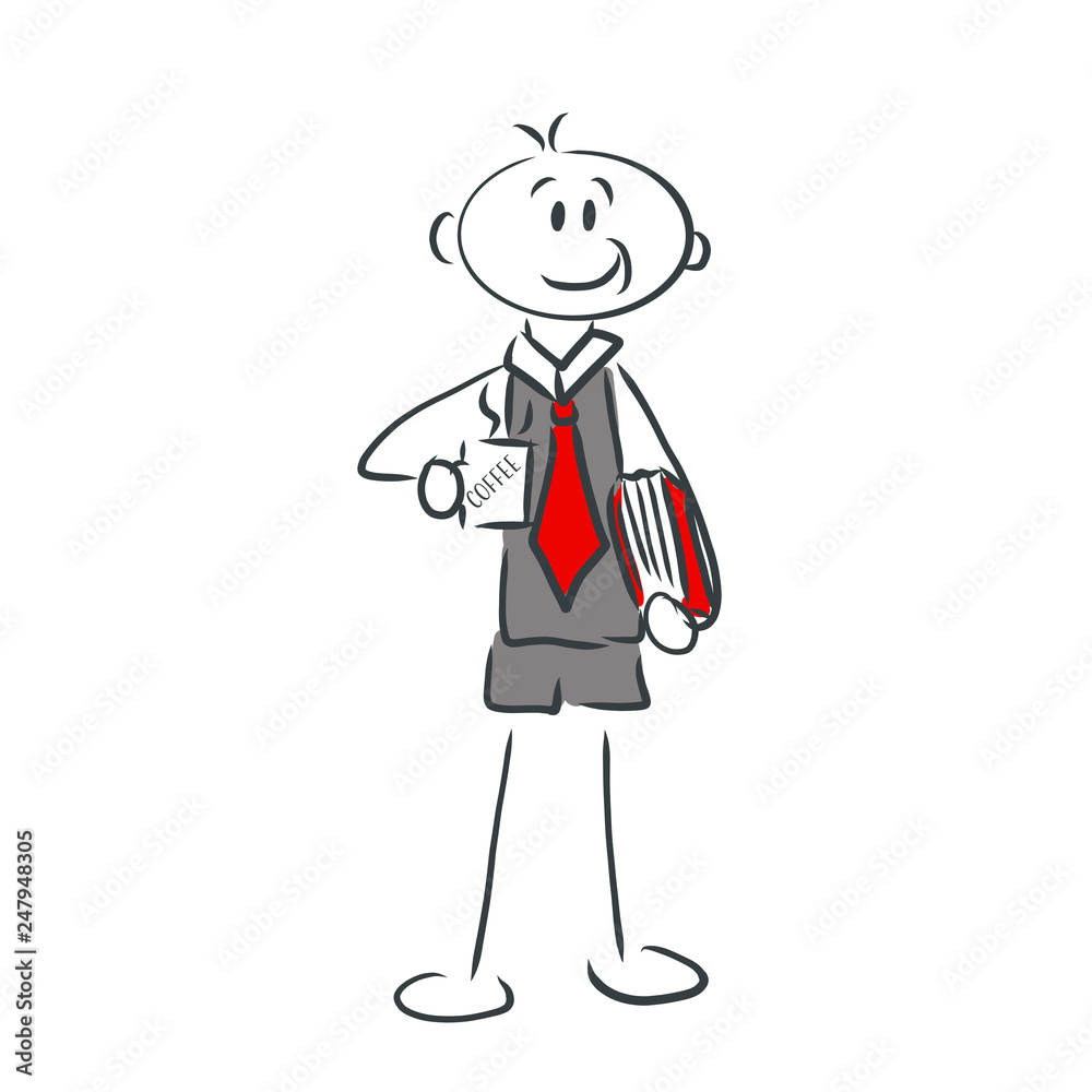 Chef, Büroangestellter mit Kaffeetasse und Unterlagen Chef, Büroangestellter mit Kaffeetasse und Unterlagen