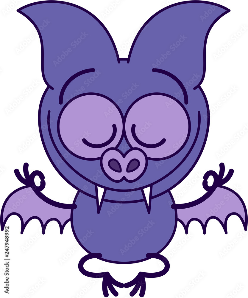 Cool purple bat with big pointy ears and sharp fangs performing a deep meditation in seated position. It's happily smiling while doing a Gyan mudra sign with both hands