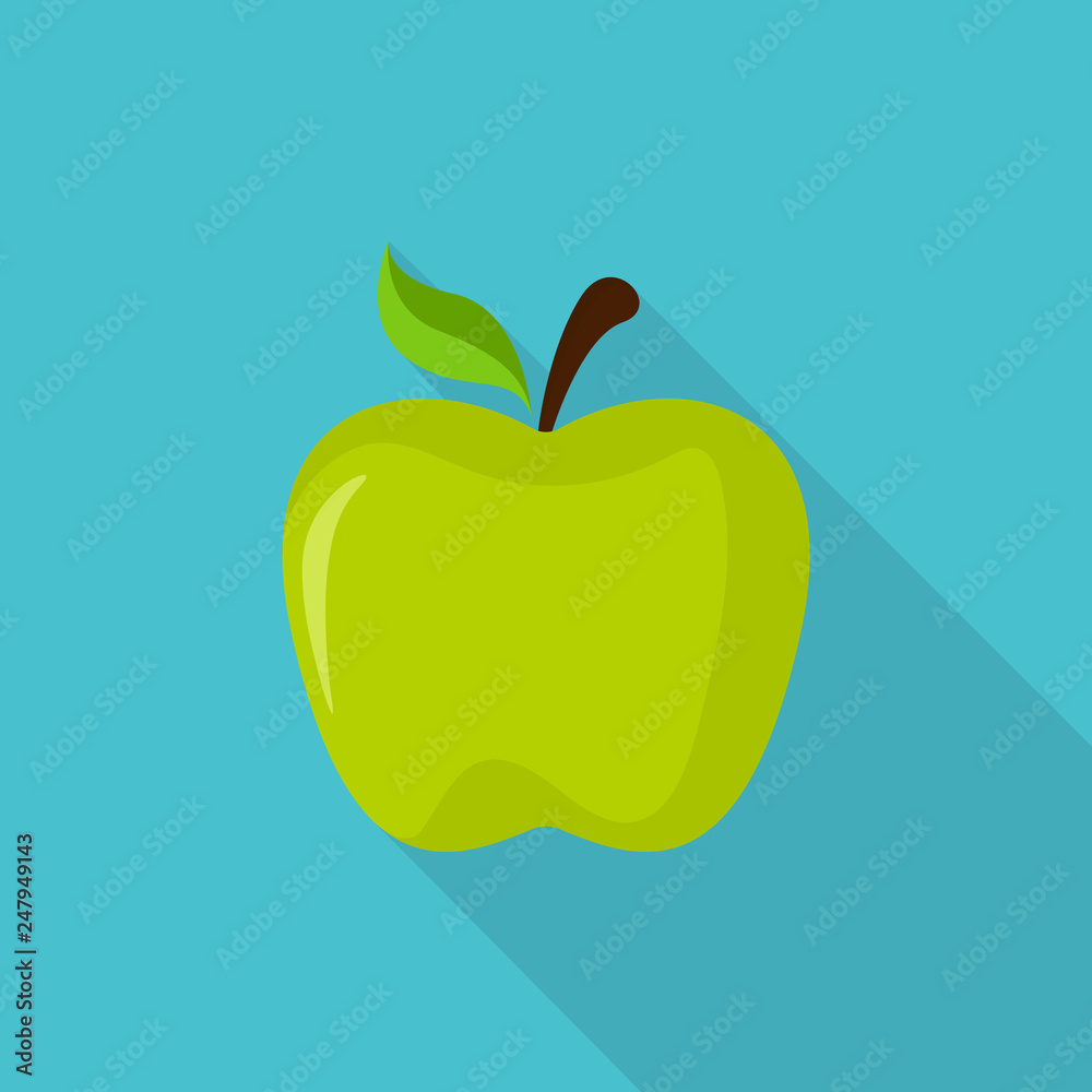 Green apple icon with long shadow on blue background, flat design style Green apple icon with long shadow on blue background, flat design style