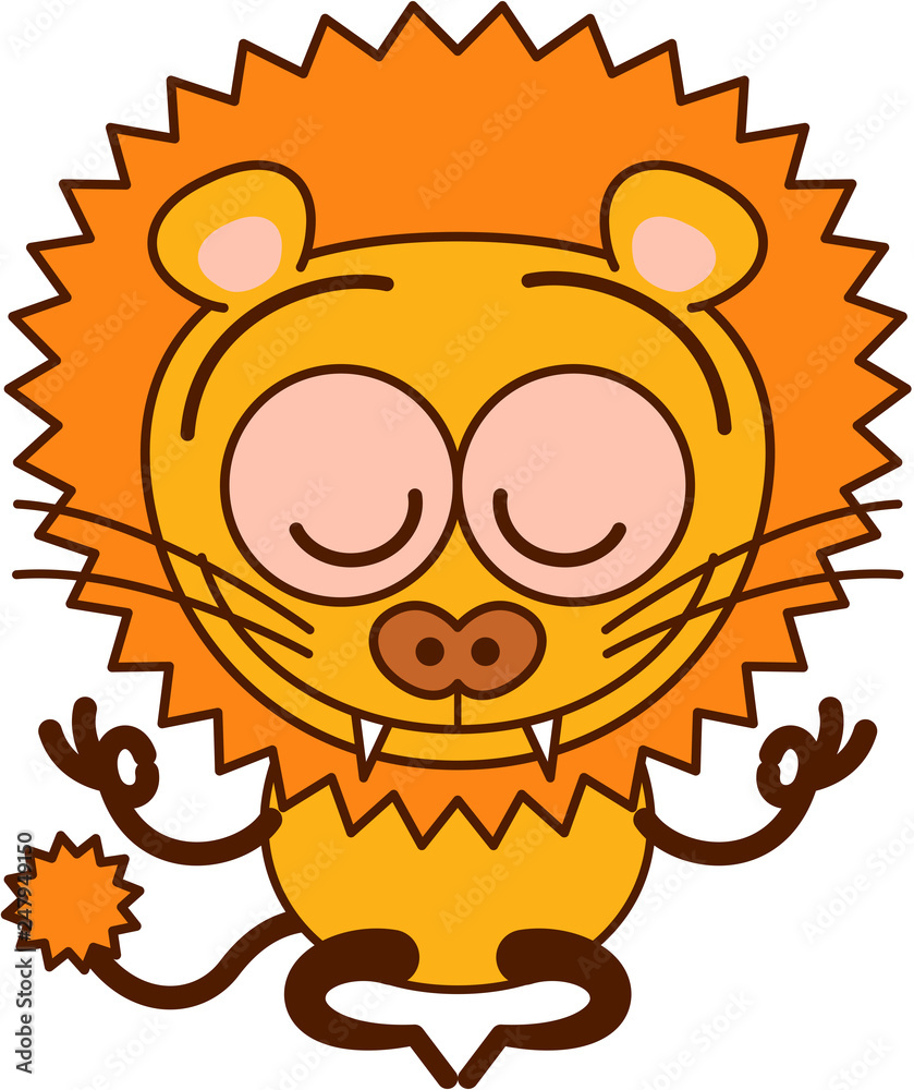 Obraz premium Cool cartoon lion with big orange mane, long tail and sharp teeth doing a Gyan mudra sign with both hands. It's smiling with great satisfaction while seated in deep meditation