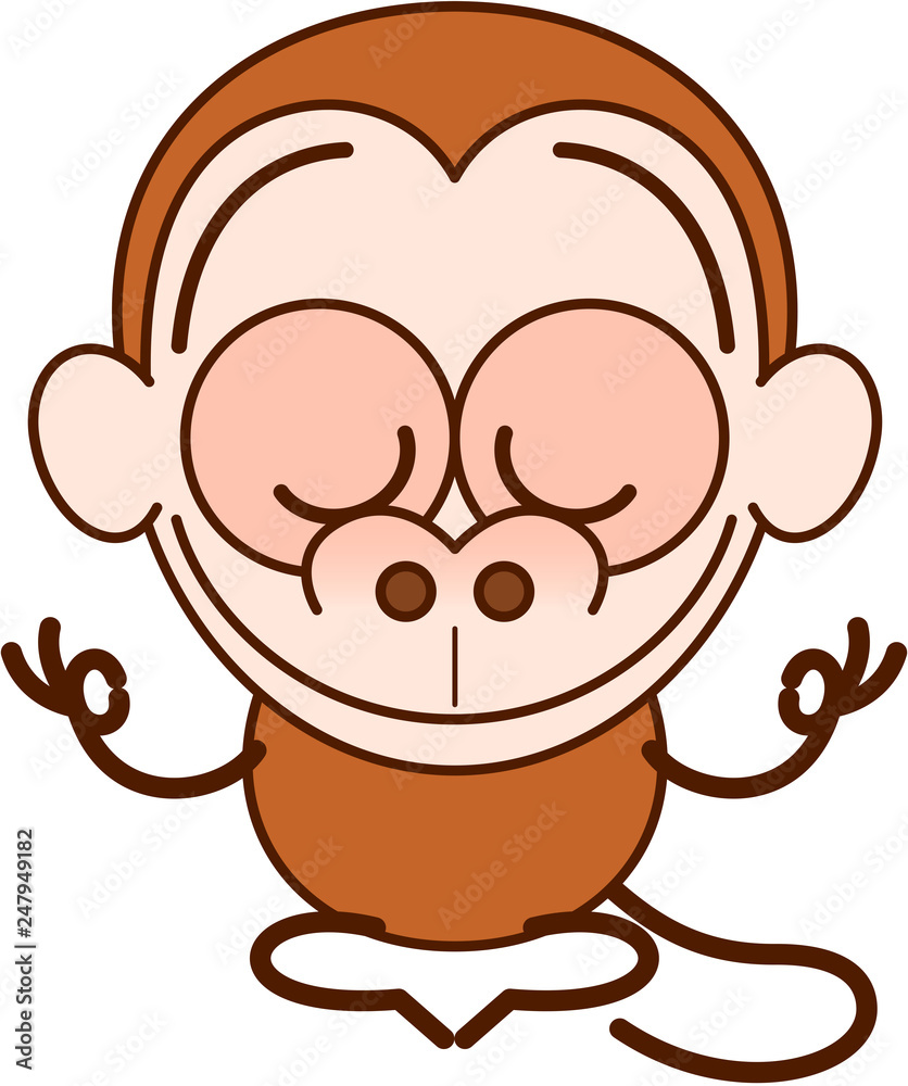 Nice cartoon monkey with brown fur and long tail performing a placid  meditation in seated position. It's happily smiling while doing a Gyan  mudra sign with both hands Stock Illustration | Adobe