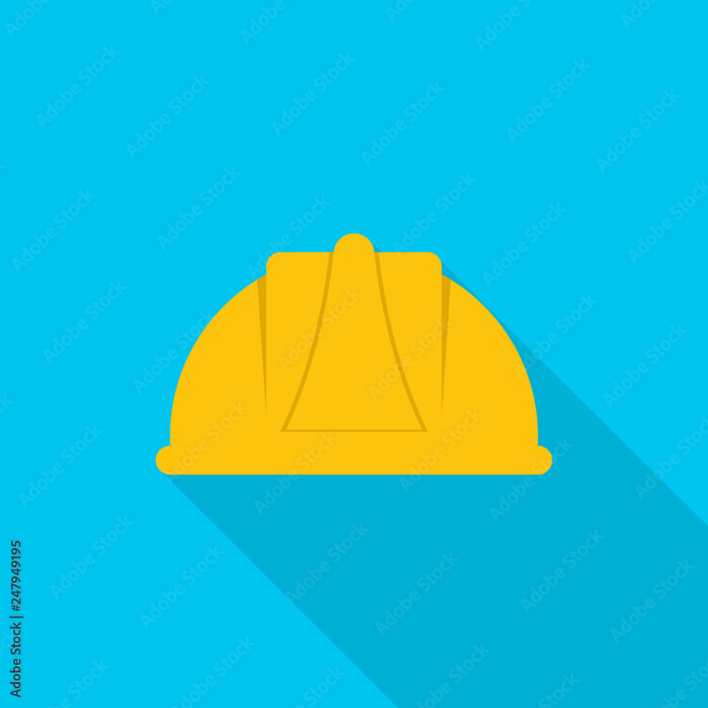 Safety helmet icon with long shadow on blue background, flat design style