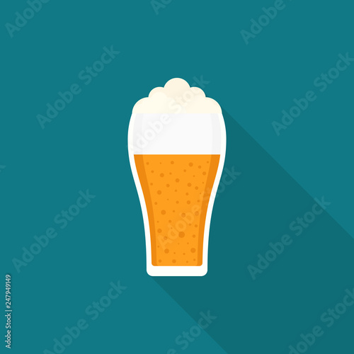 Glass of beer icon with long shadow on blue background, flat design style