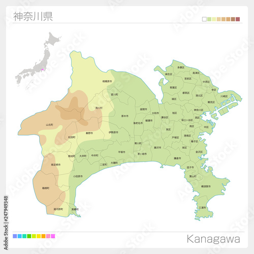 神奈川県の地図（等高線・色分け・市町村・区分け）