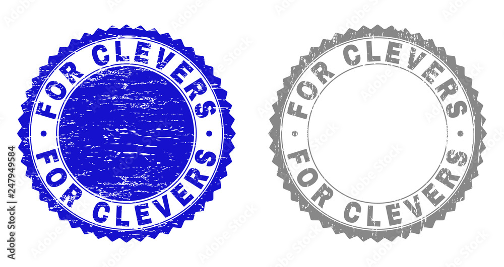 Obraz premium Grunge FOR CLEVERS stamp seals isolated on a white background. Rosette seals with grunge texture in blue and grey colors. Vector rubber stamp imitation of FOR CLEVERS caption inside round rosette.