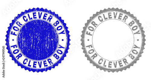 Grunge FOR CLEVER BOY stamp seals isolated on a white background. Rosette seals with distress texture in blue and grey colors. Vector rubber stamp imprint of FOR CLEVER BOY label inside round rosette.