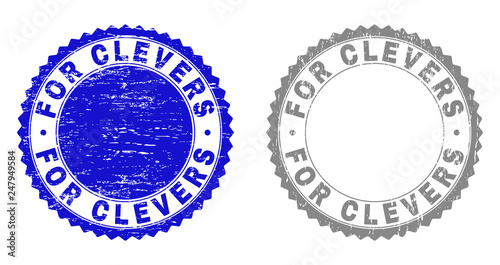 Grunge FOR CLEVERS stamp seals isolated on a white background. Rosette seals with grunge texture in blue and grey colors. Vector rubber stamp imitation of FOR CLEVERS caption inside round rosette.