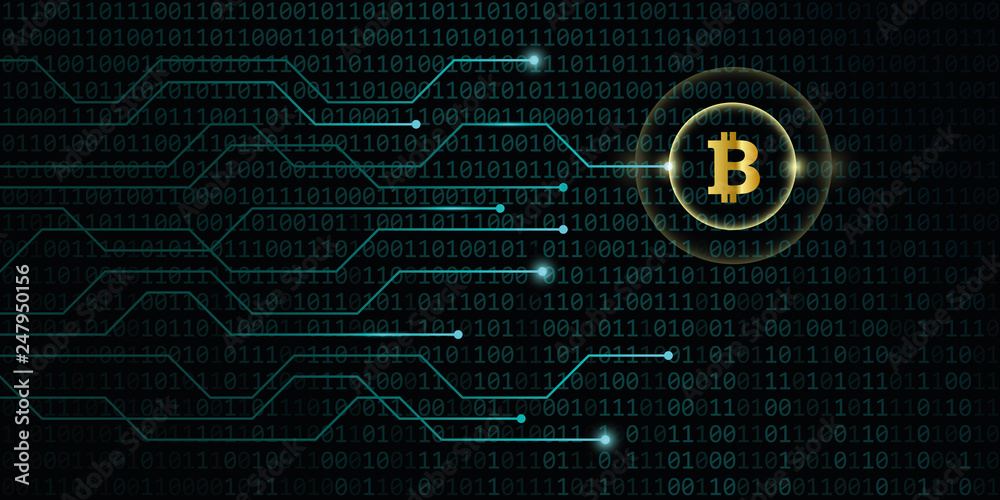 Fototapeta premium golden bitcoin crypto currency with blue binary code background vector illustration EPS10