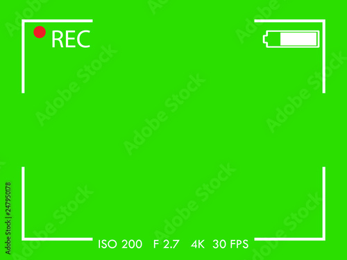 Camera frame viewfinder screen on green background. Vector illustration.