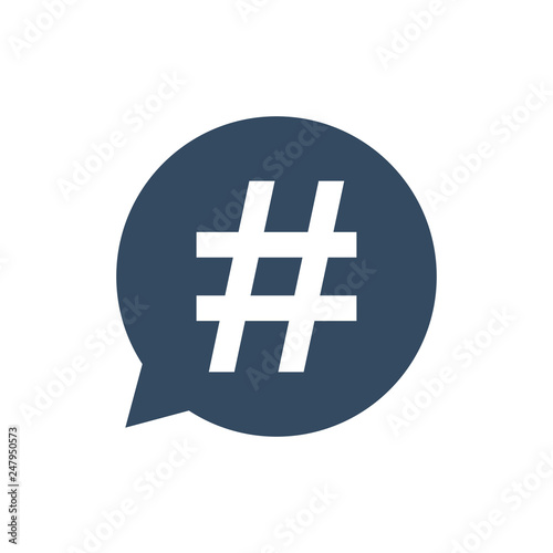 Hashtag icon in speech bubble. Vector illustration, flat design.