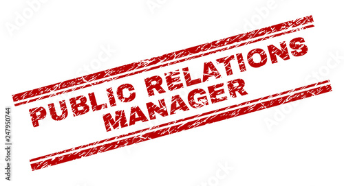 PUBLIC RELATIONS MANAGER seal print with corroded texture. Red vector rubber print of PUBLIC RELATIONS MANAGER text with retro texture. Text title is placed between double parallel lines.