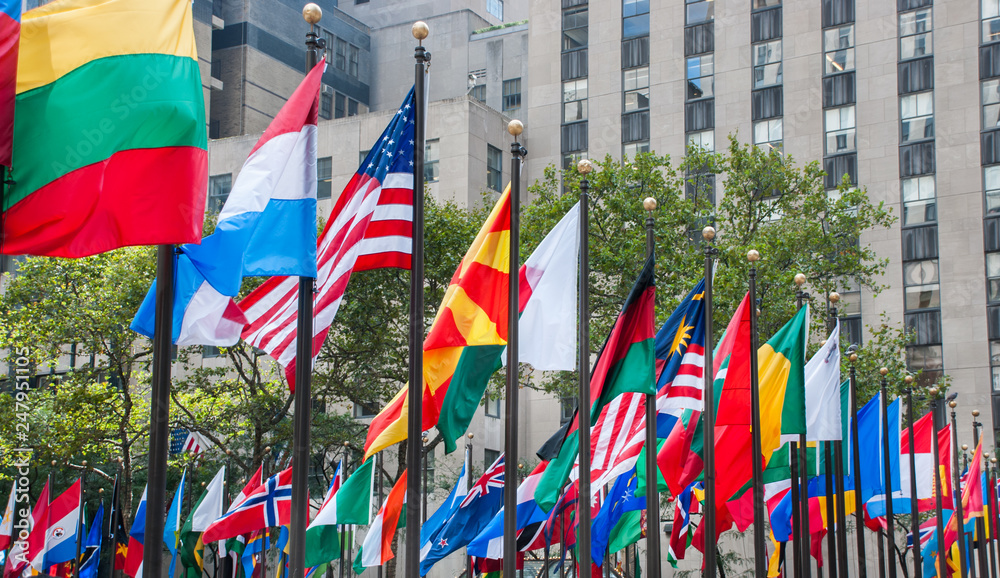 Rows of flags of all nations next to UN in New York City. Usa