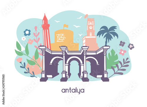 Colorful flat vector illustration Antalya, Turkey. Main seesights: Hadrian's gate, the clock tower, minaret, the fortress with doodle flowers, plants, leaves on the blue background. Travel conception.