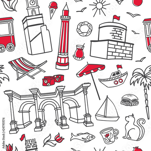 Antalya symbols. Hand drawn vector seamless pattern with black outline doodles and red elements on white background. Modern clear line design for touristic print, backdrop, wrapping paper. - Vector 