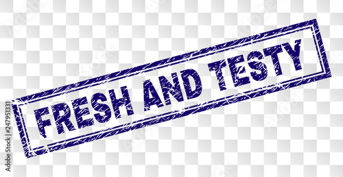 FRESH AND TESTY stamp seal imprint with rubber print style and double framed rectangle shape. Stamp is placed on a transparent background.