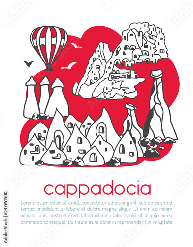 Cappadocia. Vector illustration of a famous turkish landmark and its symbols. Vertical card design. Hand drawn doodle objects in modern style: black outline and red color blocks on white. - Vector 