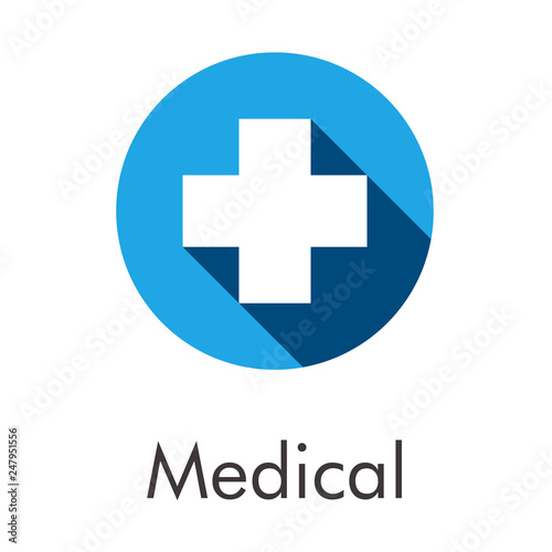Logotipo abstracto con texto Medical con cruz blanca con sombra en circulo color azul