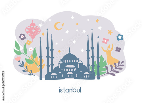 Vector illustration Istanbul with famous turkish landmarks and cute doodle flowers, leaves and plants. The Blue Mosque, crescent moon. Card, banner, leaflet, flyer or poster design. - Vector