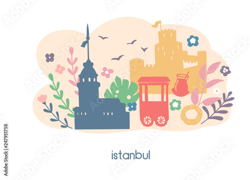 Istanbul, Turkey. Vector illustration with famous turkish landmarks and cute doodle flowers, leaves and plants. Maiden tower, fortress, bagel vendor. Card, banner, leaflet, flyer or poster design. - V