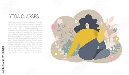 Vector illustration of a plus size yogi woman meditating in the Half Lord of the Fishes pose. Cute flat female character. Oversized girl with doodle flowers, leaves and plants. Yoga card and banner. -