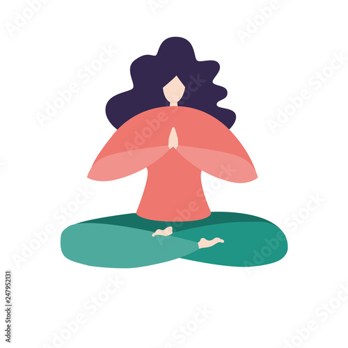 Vector illustration of a meditating woman in the Lotus pose. Modern bright flat character sitting with prayer hands. Cute minimslist yoga girl isolated on white for logo, app icon, emblem design. - Ve
