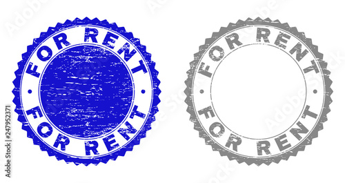 Grunge FOR RENT stamp seals isolated on a white background. Rosette seals with grunge texture in blue and gray colors. Vector rubber stamp imitation of FOR RENT label inside round rosette.