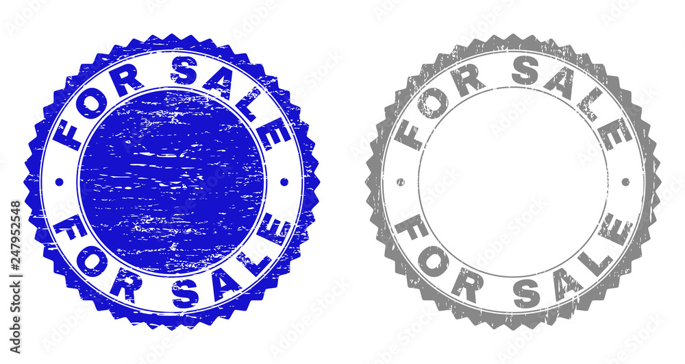 Grunge FOR SALE stamp seals isolated on a white background. Rosette seals with grunge texture in blue and grey colors. Vector rubber stamp imitation of FOR SALE caption inside round rosette. Grunge FOR SALE stamp seals isolated on a white background. Rosette seals with grunge texture in blue and grey colors. Vector rubber stamp imitation of FOR SALE caption inside round rosette.