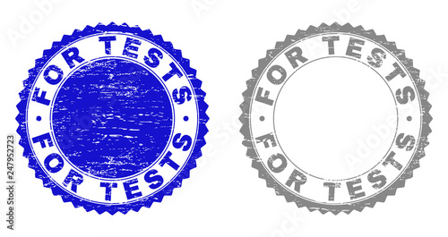 Grunge FOR TESTS stamp seals isolated on a white background. Rosette seals with grunge texture in blue and grey colors. Vector rubber stamp imprint of FOR TESTS tag inside round rosette.