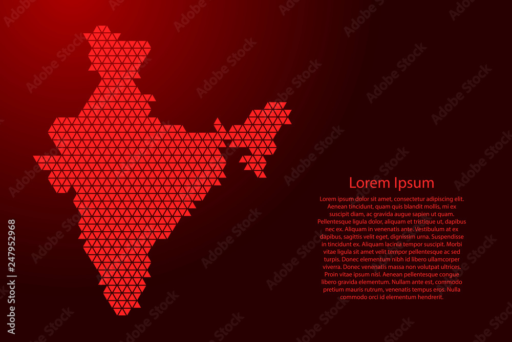 India map abstract schematic from red triangles repeating pattern geometric background with nodes for banner, poster, greeting card. Vector illustration. India map abstract schematic from red triangles repeating pattern geometric background with nodes for banner, poster, greeting card. Vector illustration.