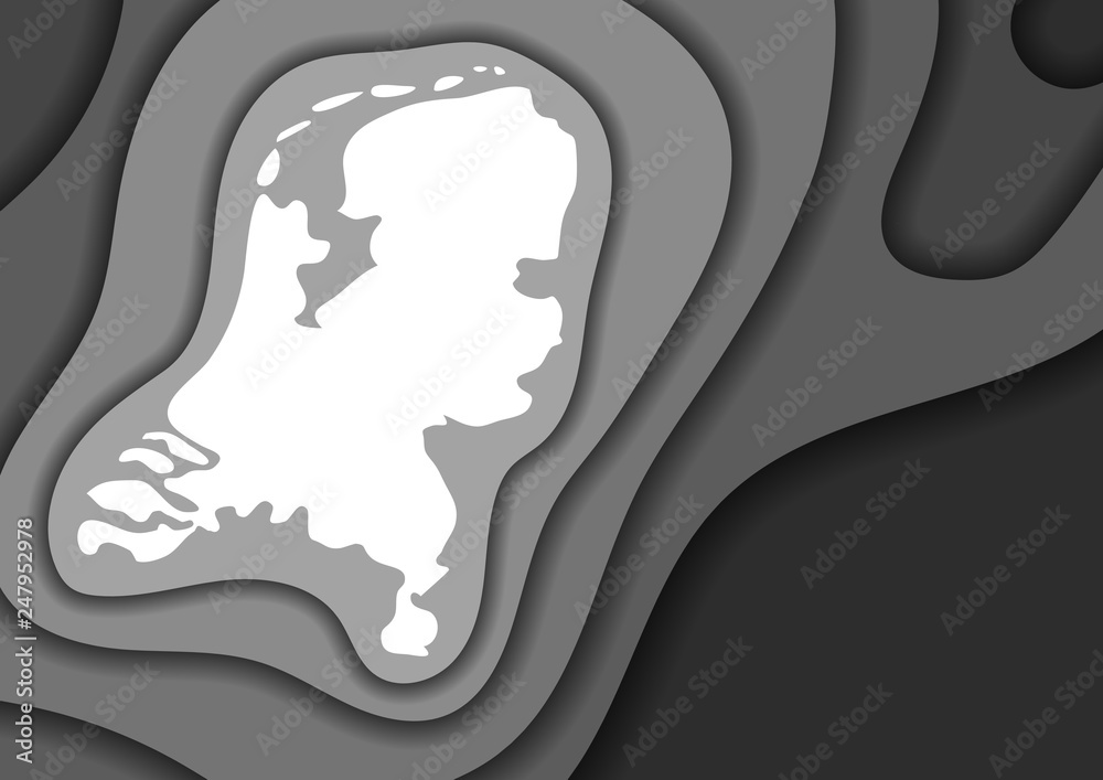 Netherlands map abstract schematic from grey monochrome layers paper cut 3D waves and shadows one over the other. Layout for banner, poster, greeting card. Vector illustration.