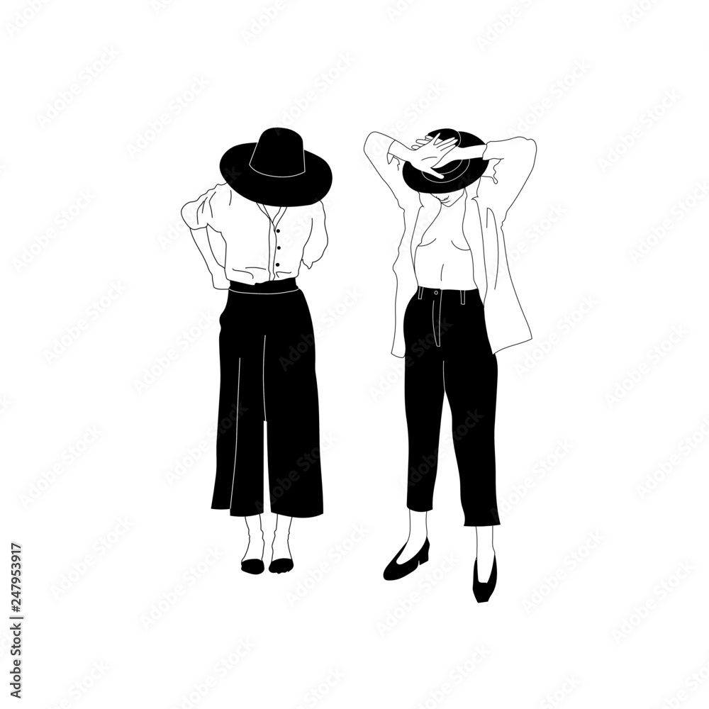 Fashion woman in hat. Hand drawn vector monochrome illustration. Girl in trendy clothes. 