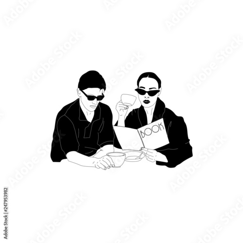  A couple of men and women, fashionable young girl in glasses, brutal guy in stylish clothes, people with coffee, a book or a newspaper