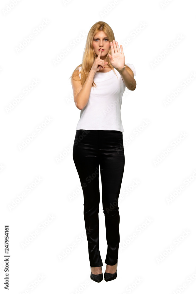Young blonde woman making stop gesture denying a situation that thinks wrong over isolated white background Young blonde woman making stop gesture denying a situation that thinks wrong over isolated white background