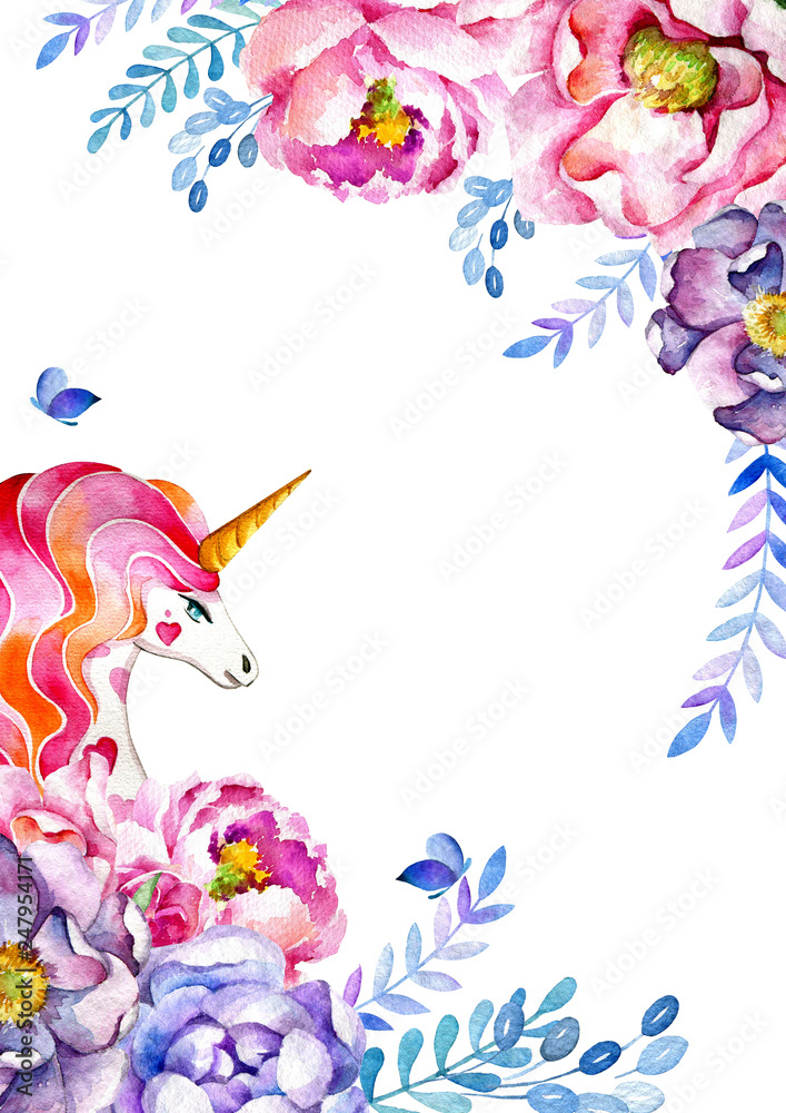 Template for cards, invitations, banners of flowers, leaves, twigs and a unicorn with a pink mane and a golden horn. Flora and fauna. Festive design. Watercolor drawing. Fairy-tale character.