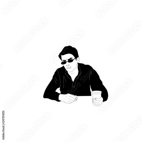 Fashionable men, businessmen, meeting partners, a guy with a cup of coffee or tea, brutal guy with glasses. Hand drawn vector illustration
