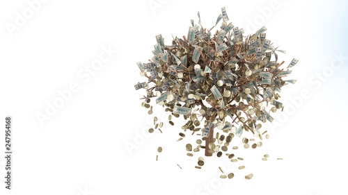 dollar tree with hundred dollar bills and coins growing out of the graund on white 3d render no shadow
