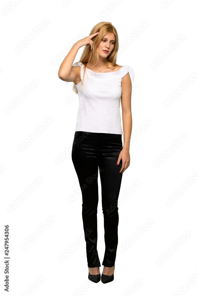 Young blonde woman with problems making suicide gesture over isolated white background Young blonde woman with problems making suicide gesture over isolated white background