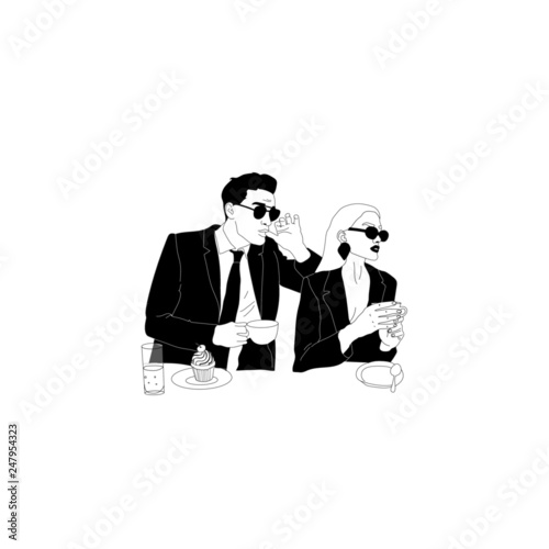  A couple of men and women, fashionable young girl in glasses, brutal guy in stylish clothes, people with coffee, a book or a newspaper