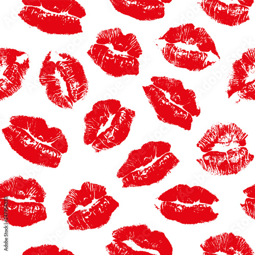 Vector seamless pattern with imprint kiss red lips