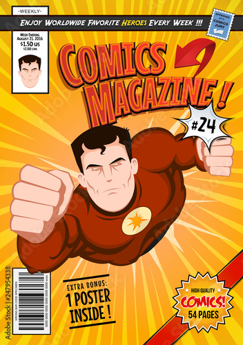 Comic Book Cover Template/ Illustration of a cartoon editable comic book cover template, with super hero character flying, titles and subtitles to customize, and wrong bar code and label