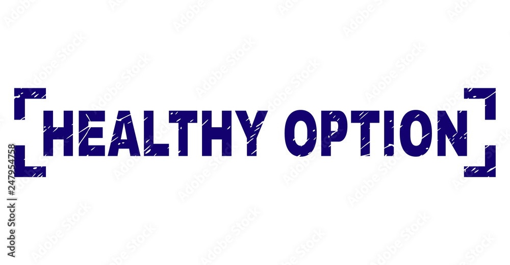 HEALTHY OPTION text seal print with grunge texture. Text tag is placed inside corners. Blue vector rubber print of HEALTHY OPTION with dirty texture.