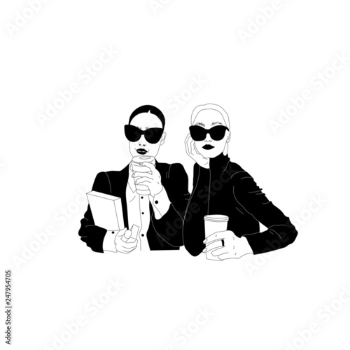 Fashion woman with glasses. Girlfriends with coffee and a book. Girl in trend clothes. Monochrome Vector Illustration