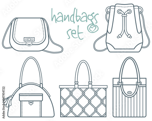 Handbags set. Set of women handbags. Flat linear icons of some fashionable accessories drawn with simple thin lines.